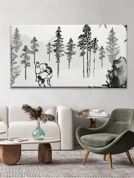 Большая картина на стену для интерьера - Кацусика Хокусай лес с лошадьми 60х110 см - превью 1