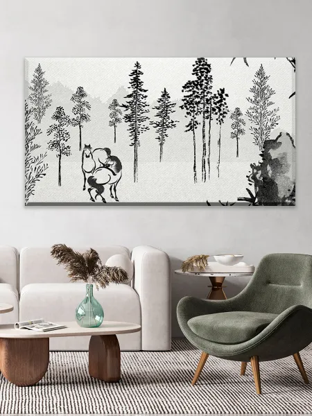 Большая картина на стену для интерьера - Кацусика Хокусай лес с лошадьми 60х110 см