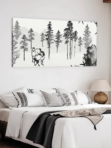 Большая картина на стену для интерьера - Кацусика Хокусай лес с лошадьми 60х110 см - превью 3