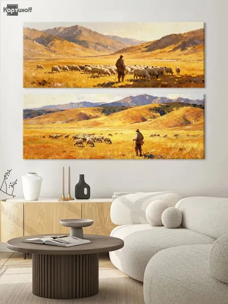 Модульные картины - Пастух в золотых лугах 40х110 2шт. - превью 4