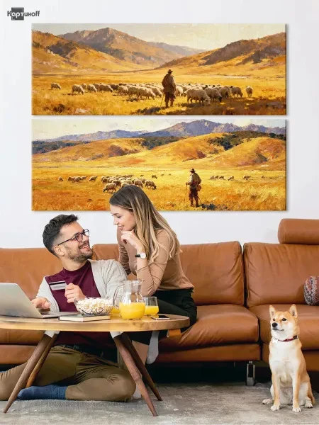 Модульные картины - Пастух в золотых лугах 40х110 2шт. - превью 8