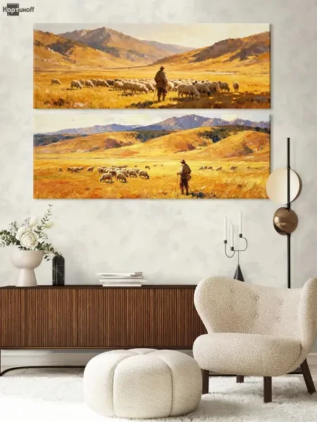 Модульные картины - Пастух в золотых лугах 40х110 2шт. - превью 9