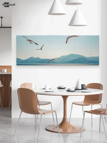 Современная горизонтальная картина на стену для интерьера - Чайки над морем 40х110 см - превью 3