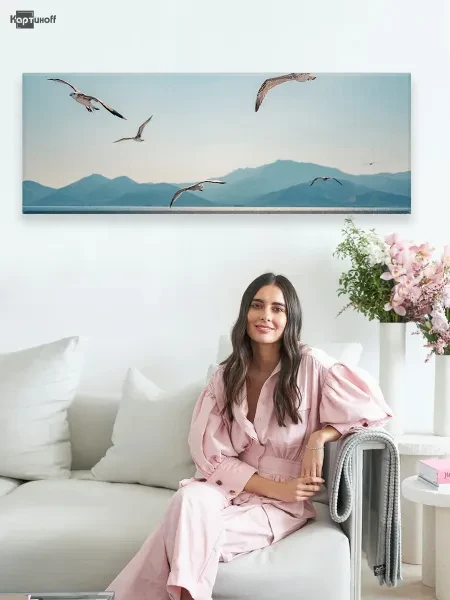 Современная горизонтальная картина на стену для интерьера - Чайки над морем 40х110 см - превью 7
