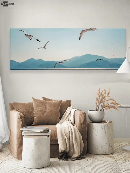 Современная горизонтальная картина на стену для интерьера - Чайки над морем 40х110 см