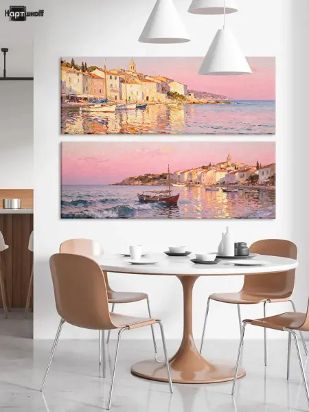 Модульная картина - Набережная в розовом закате 40х110 2шт.