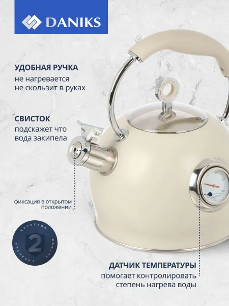 DaniksЧайник нержавеющая сталь 3 л, со свистком, матовый, с датчиком температуры