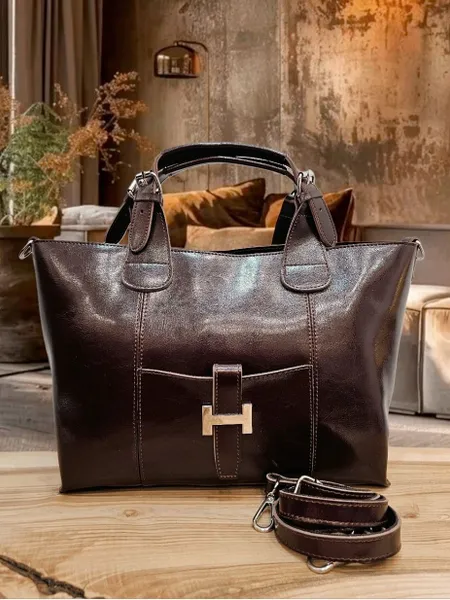 Женская сумка из натуральной кожи (фактура мрамора с мерцанием) ,шоколадно коричневая тоут DakkottaGREEN, с двумя регулируемыми ручками , ремнем через плечо ,вмещает А4 формат