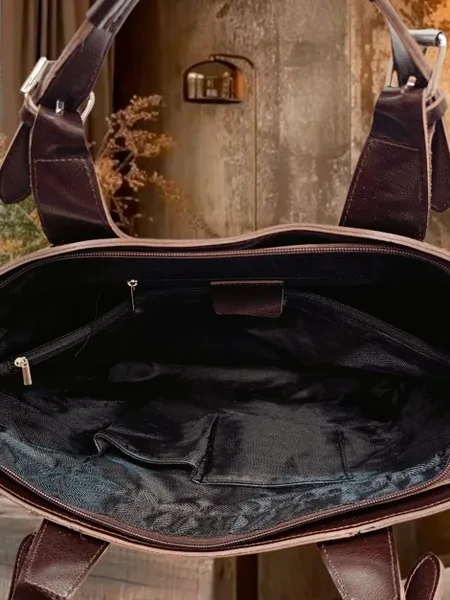 Женская сумка из натуральной кожи (фактура мрамора с мерцанием) ,шоколадно коричневая тоут DakkottaGREEN, с двумя регулируемыми ручками , ремнем через плечо ,вмещает А4 формат - превью 14