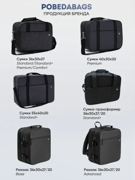 Сумка дорожная для ручной клади Победа Pobedabags Стандарт черная 36 x 30 x 27 см - превью 9