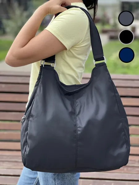 Сумка хозяйственная черная. Сумка женская на плечо большая лёгкая для тренировки, фитнеса. Шоппер плащёвка на молнии повседневный.