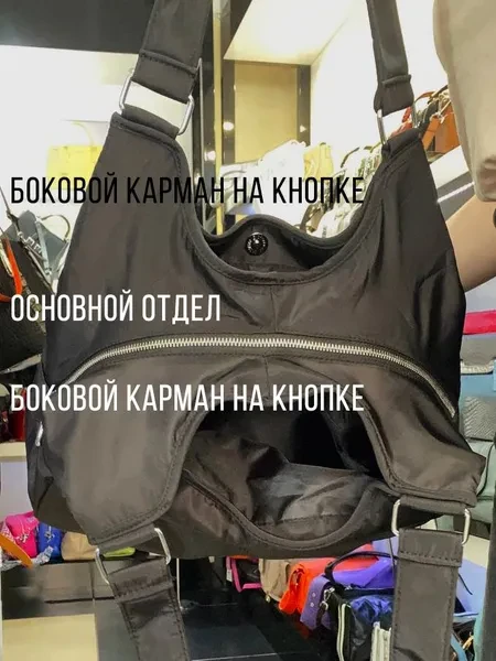 Сумка хозяйственная черная. Сумка женская на плечо большая лёгкая для тренировки, фитнеса. Шоппер плащёвка на молнии повседневный. - превью 6