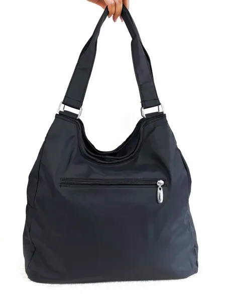 Сумка хозяйственная черная. Сумка женская на плечо большая лёгкая для тренировки, фитнеса. Шоппер плащёвка на молнии повседневный. - превью 10