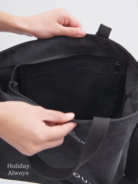 Сумка шоппер женская тканевая через плечо, черная, 43x35x15 см.