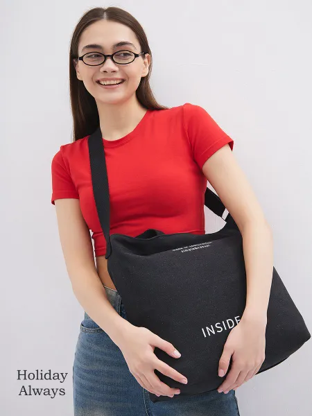 Сумка шоппер женская тканевая через плечо, черная, 43x35x15 см.