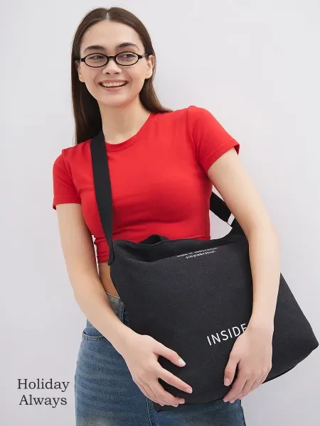 Сумка шоппер женская тканевая через плечо, черная, 43x35x15 см. - превью 12