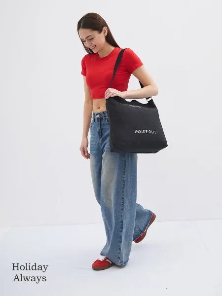 Сумка шоппер женская тканевая через плечо, черная, 43x35x15 см.