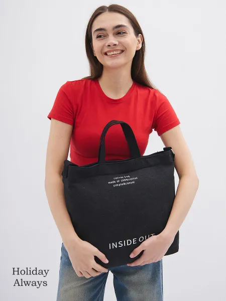 Сумка шоппер женская тканевая через плечо, черная, 43x35x15 см.