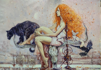 Картина маслом рыжая девушка, пантера, череп. Первая любовь Ариадны - превью 5