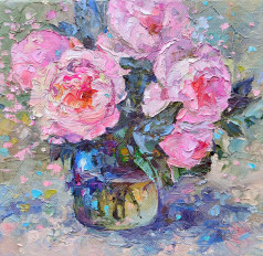 Картина цветы "Розовые пионы" холст масло 20/20 см - превью 7