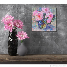 Картина цветы "Розовые пионы" холст масло 20/20 см - превью 8