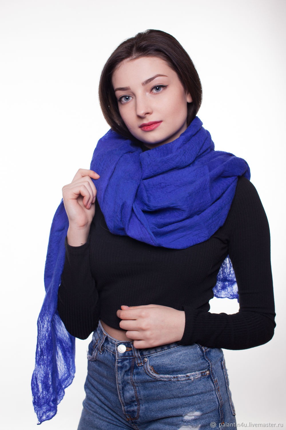 Синий шарф палантин женский теплый зимний