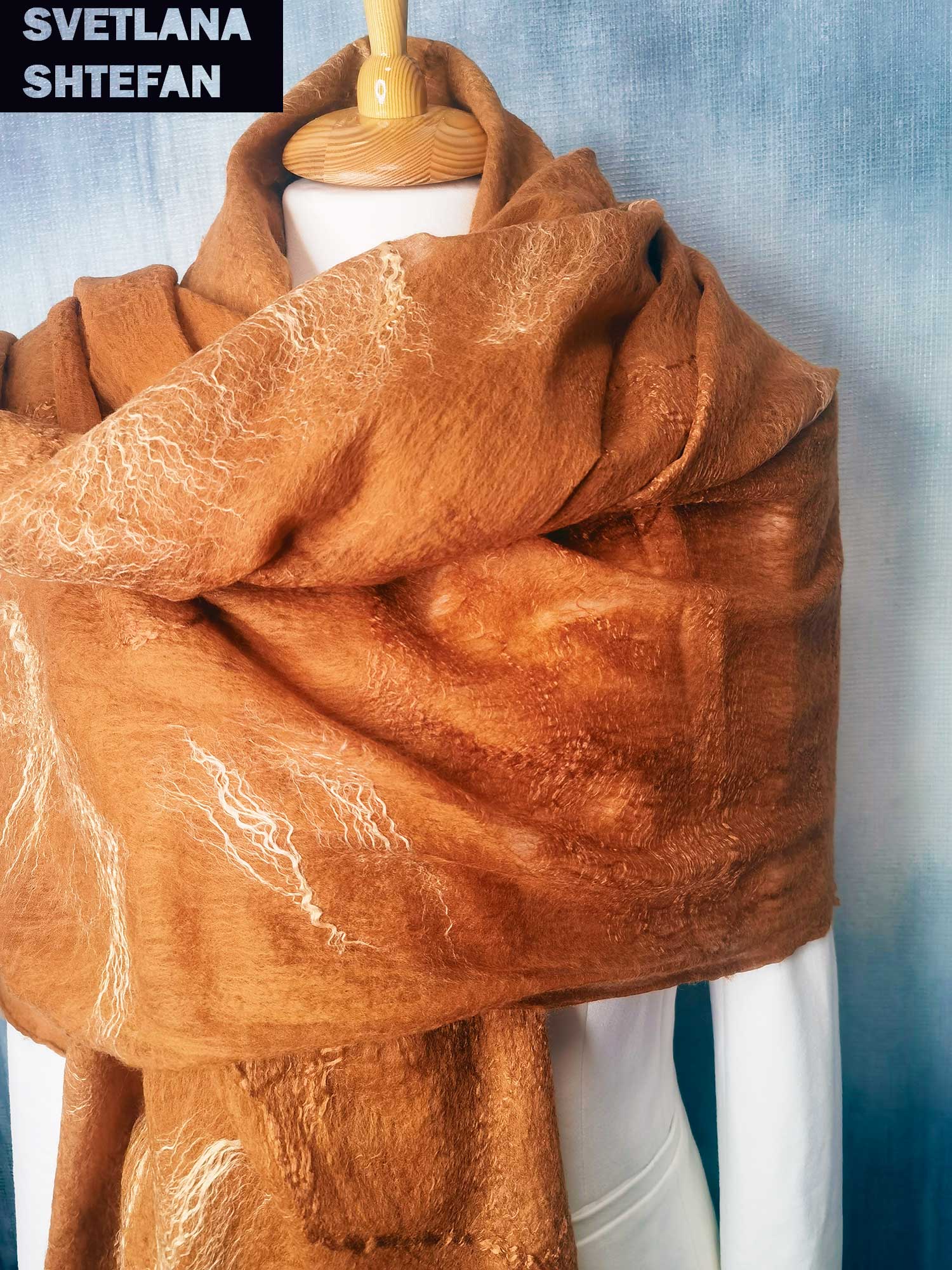 Дизайнерский палантин шелк шерсть ручной работы - 1