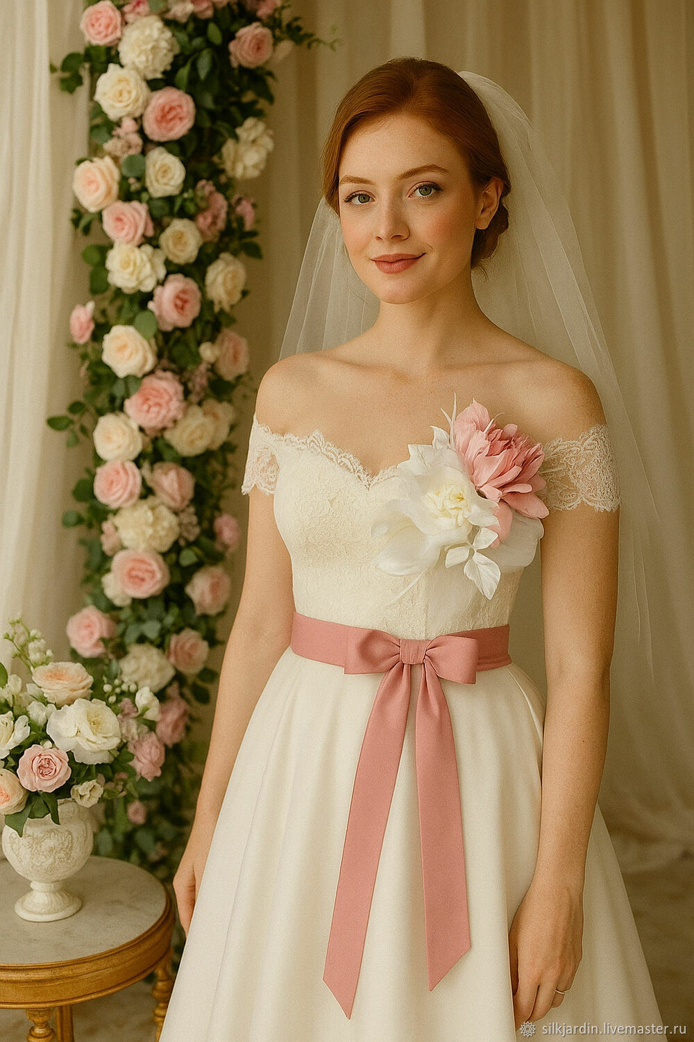 Брошь-цветок из шелка черного цвета - 1