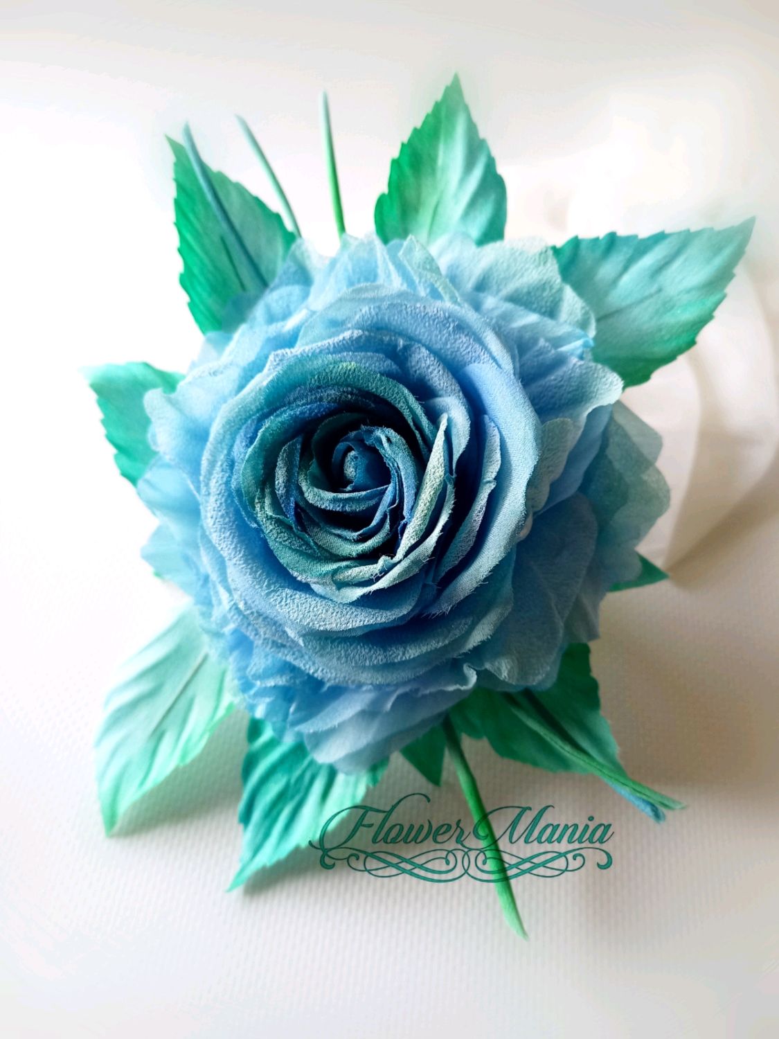 Брошь цветок из ткани, гортензия голубая - 1