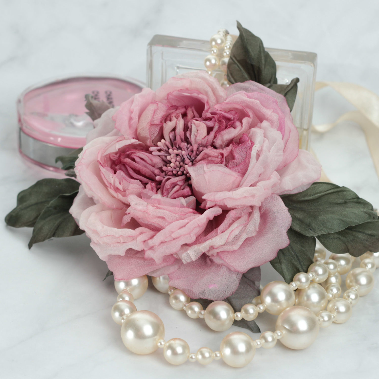 Брошь цветок из шелка, орхидея розовая - 1