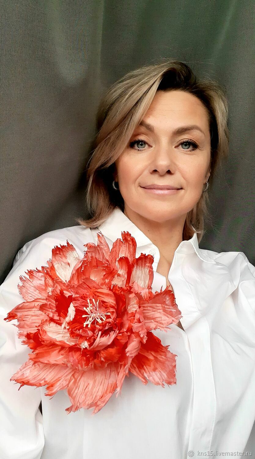 Брошь цветок из шелка, пион фиолетовый - 1