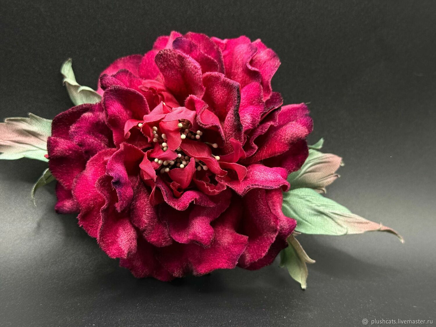 Брошь цветок из органзы, пион коралловый - 1