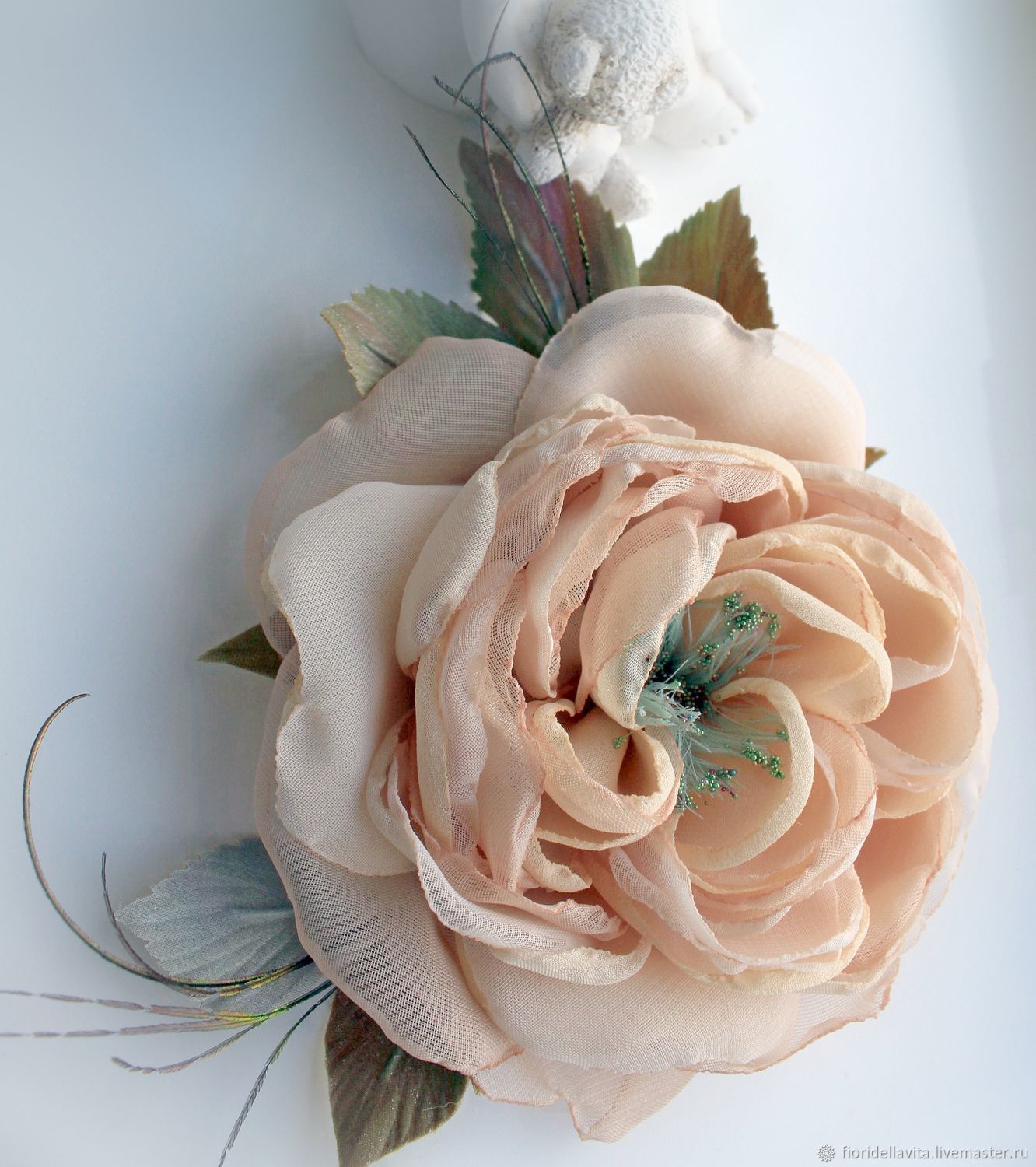 Брошь цветок из фатина, роза персиковая - 1