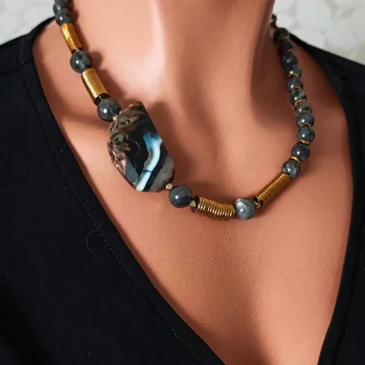 Колье чокер из натуральных камней: лабрадор, агат, гематин - превью 3