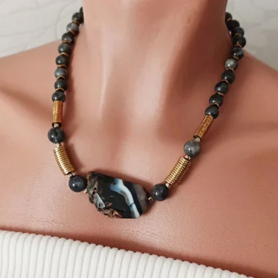 Колье чокер из натуральных камней: лабрадор, агат, гематин - превью 5