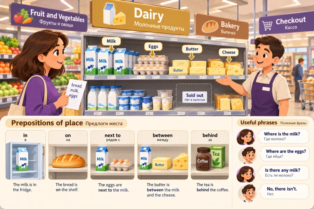 Полка молочного отдела супермаркета с вывесками Dairy, Bakery, Checkout и схемой предлогов места in, on, next to, between, behind; покупатель спрашивает по-английски Where is the milk?
