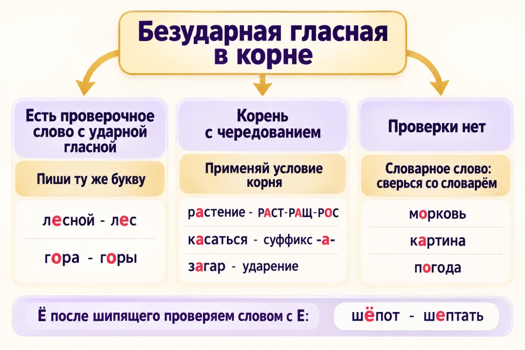 Схема выбора правила для безударной гласной в корне: проверка ударением, правило чередования, словарное слово и проверка Ё после шипящего словом с Е.