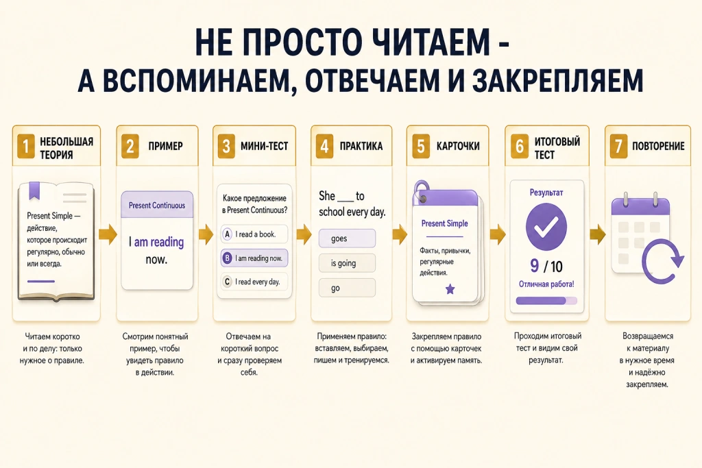 Обучение временам через теорию, мини-тесты, карточки и проверку