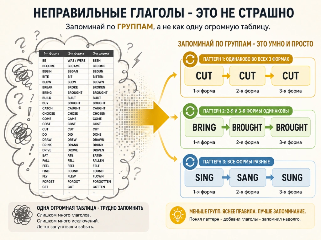 Неправильные английские глаголы объединены в группы для легкого запоминания