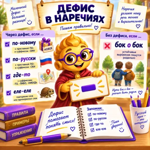 Дефис в наречиях - правила и упражнения