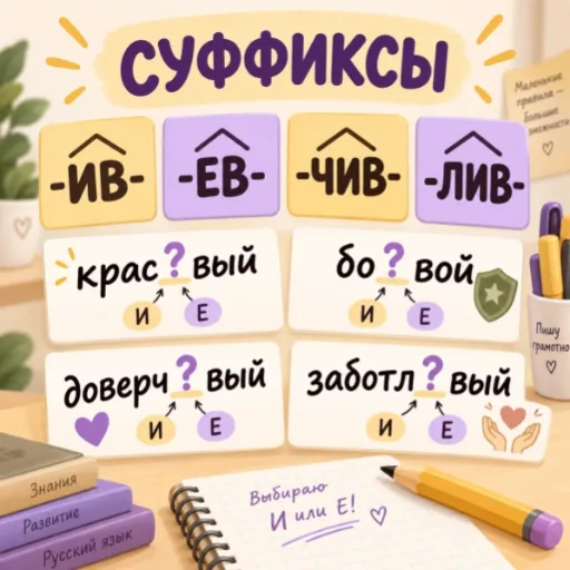 Суффиксы -ИВ-, -ЕВ-, -ЧИВ-, -ЛИВ- - правила и упражнения