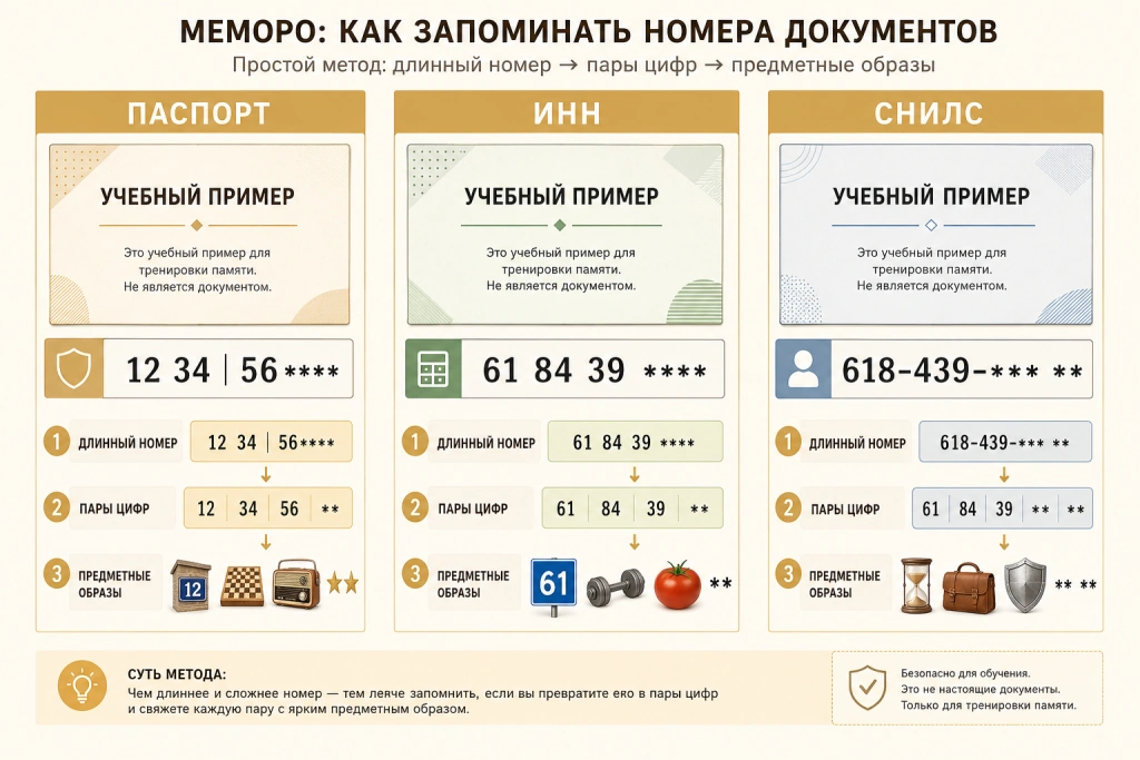 Учебные примеры паспорта, ИНН и СНИЛС для запоминания числовых данных