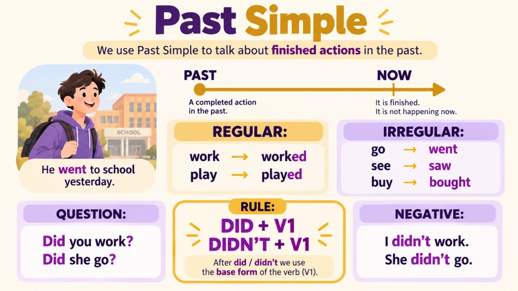 Past Simple - схема образования, вопросы с did и отрицания