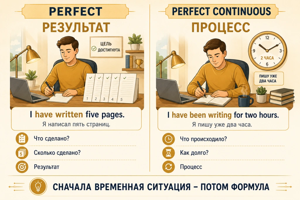 Разница между Perfect и Perfect Continuous: результат и процесс