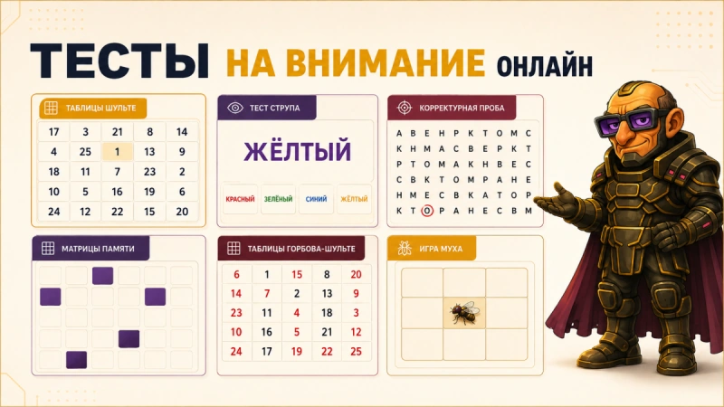 Тесты на внимание Memoro: Струп, Шульте, корректурная проба и Матрица памяти