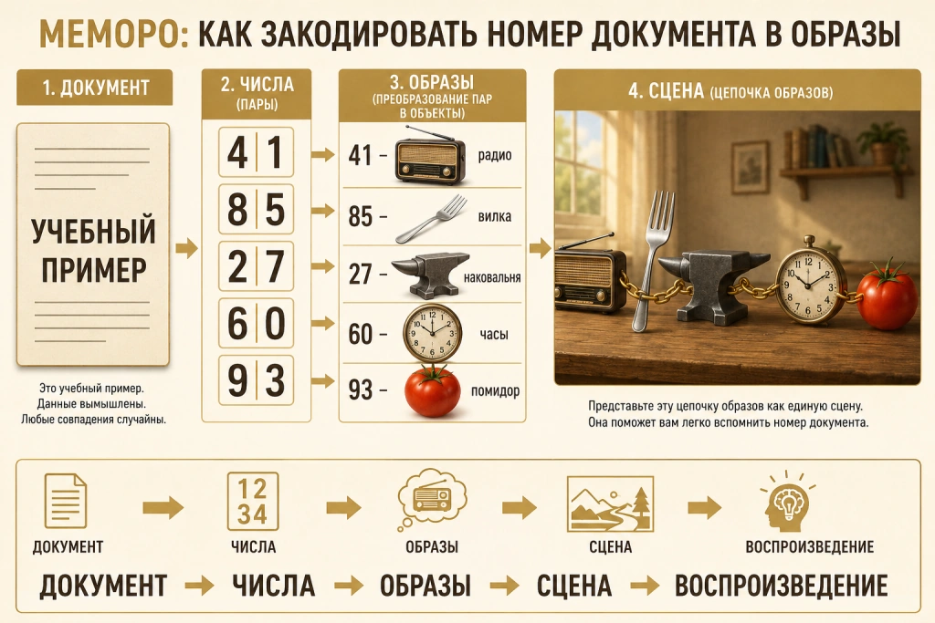 Номер документа разбит на пары и превращен в цепочку мнемонических образов