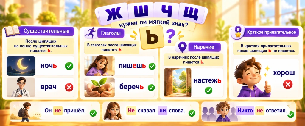 Мягкий знак после шипящих - правила для существительных, глаголов и наречий