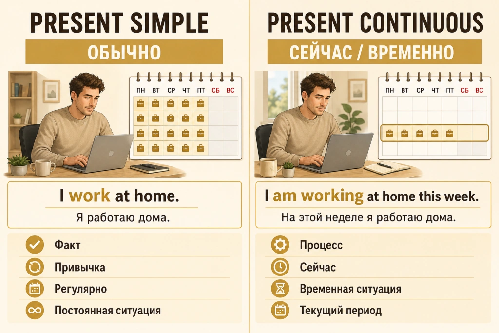 Разница между Present Simple и Present Continuous с примерами