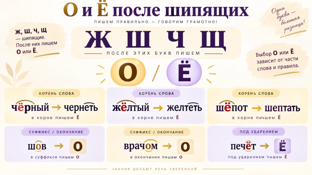 О и Ё после шипящих - правила написания после Ж, Ш, Ч, Щ