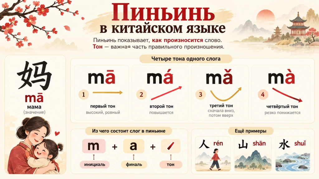 Пиньинь в китайском языке - четыре тона mā, má, mǎ и mà